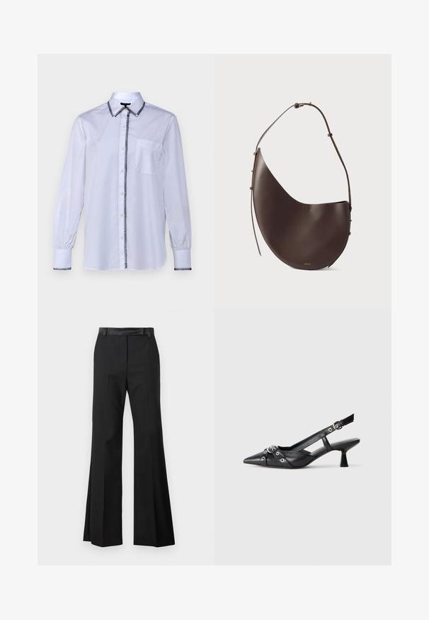 rag & bone MAXINE BLANKET STITCH SHIRT - Bluza z gumbi - white; Črne široke hlače z gladkim zaključkom tkanine, z enotnim pasom in pritisnjenimi gubami za oblikovan videz.; Črne usnjene sandale središnje zaponke z ostro konico, okrasnimi trakovi z kovinskimi očesi in nizko blokasto peto. Teksturirana površina.; Rjava usnjena torbica s ukrivljeno obliko, enojnim ročajem in minimalističnim dizajnom. Ima subtilen logotip in zlate kovinske dodatke.