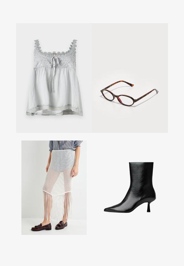 Top in tessuto grigio con bordo in pizzo e dettagli decorativi. Presenta un nodo frontale e una forma morbida e fluida. Spalline sottili.; Gonna bianca in rete con orlo frangiato, caratterizzata da un design a maglia aperta. Indossata con mocassini marroni, che mettono in mostra un tessuto testurizzato e un motivo orizzontale.; Stivale nero alla caviglia in pelle lucida con punta affusolata e tacco sottile, caratterizzato da una superficie liscia e un design minimalista.; Occhiali da sole tartarugati con lenti ovale, caratterizzati da una montatura scura con motivi marroni chiari e scuri, e aste sottili e curate.; Borsa a spalla bianca realizzata in materiale morbido, con un ritaglio ovale e un design a tracolla ampia. Semplice e moderna, senza hardware visibili.
