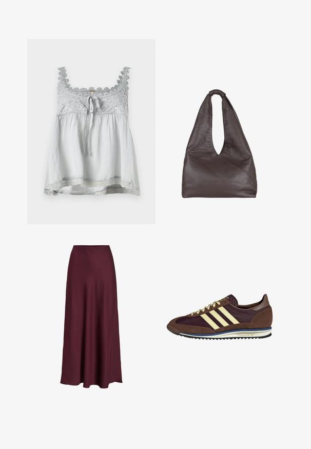 Sivo tkaninsko top z čipkastim robom in okrasnimi podrobnostmi. Ima vezanje spredaj in ohlapen, tekoč kroj. Tanke naramnice.; Burgundska satenska maxi krila z gladko teksturo, visokim pasom in tekočim silhueto, ki se nežno širijo proti robu.; Rjavi in rdeče-burgundske teniske iz usnja in mrežastega materiala, ki imajo tri smetane stripe, teksturirano blago na jeziku in gumijast podplat.; Rjava usnjena torba s spuščeno, prenapolnjeno zasnovo. Ima zanko za ročaj in globok V-izrez za enostaven dostop. Mehka tekstura, minimalistični slog.