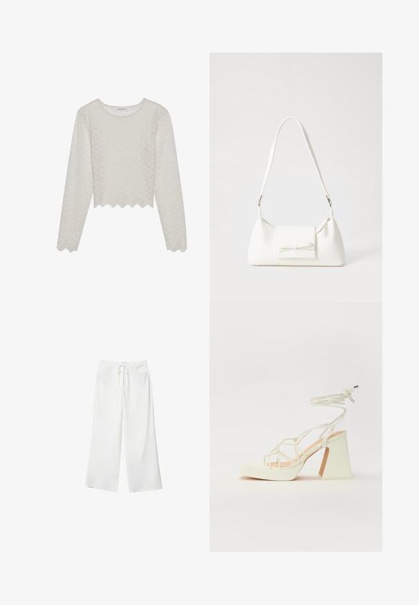 Krémový top s dlouhým rukávem, s texturovaným květinovým vzorem, zkráceným střihem a vlnkovaným lemováním. Vyrobeno z lehké, poloprůsvitné látky.; Bílé široké kalhoty vyrobené z měkké látky, které mají pružný pas a dvě přední kapsy. Hladký povrch a žádné viditelné vzory.; Bílé sandály na vysokém podpatku s robustním podpatkem, s designem s pásky a zavazováním kolem kotníku. Hladký povrch s platformou vpředu pro zvýšení výšky.; Bílá syntetická kabelka v trojúhelníkovém tvaru, s plochým předním klopným víkem a detailem mašle, nastavitelným popruhem, hladkým povrchem a minimalistickým designem.