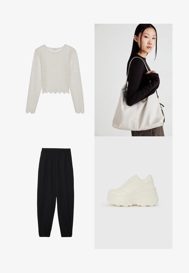 Top crem cu maneci lungi, cu un model floral texturat, design cropped și margine crestată. Fabricat dintr-un material ușor, semi-transparent.; Pantaloni negri, ușori, cu un brâu elastic și tivuri strânse. Materialul este neted și are un design relaxat, conic.; Adidași platformă albi, cu un superior neted asemănător cu pielea, formă rotunjită, guler căptușit și talpă din cauciuc texturată cu borduri bine definite.; Geantă bej din material moale, cu un design lejer, detalii cusute și două bretele pentru umăr. Potrivită pentru utilizarea zilnică.