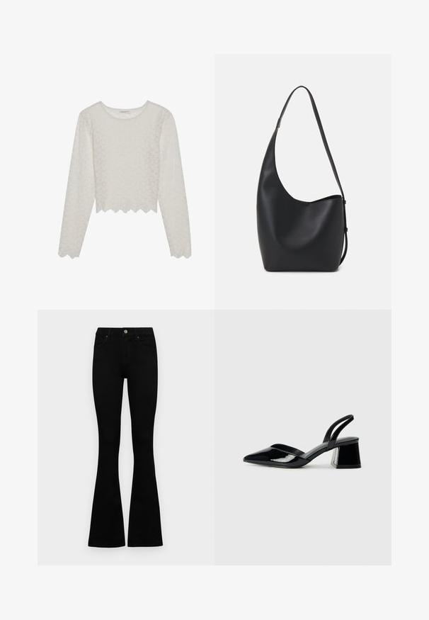 Top de manga longa em cor creme com um padrão floral texturizado, design cropped e bainha em formato de ondas. Feito de um tecido leve e semi-transparente.; Jeans pretos de cintura alta com fecho de botão e zíper, bolsos frontais e pernas largas dispostos em cima de um fundo branco.; Sandy em verniz preto com salto slingback, ponta afilada e salto geométrico. Apresenta um design elegante e minimalista com textura suave.; Saco hobo preto em pele com uma textura lisa, forma curva e uma única alça ajustável; apresenta uma abertura larga na parte de cima.