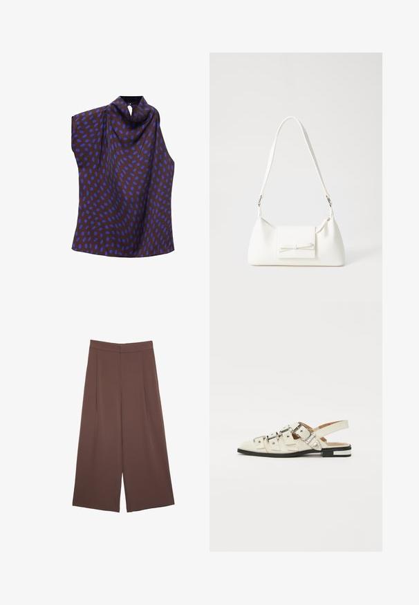Top senza maniche in tessuto marrone con grandi pois ovali blu. Presenta un collo drappeggiato e un design asimmetrico con chiusura sul retro.; Pantaloni ampi marroni con una texture liscia, caratterizzati da una vita alta e pieghe frontali. Il tessuto è leggero e scorre liberamente.; Sandali slingback in pelle bianca con più cinturini larghi e fibbie d'argento; suola piatta con un piccolo tacco nero e dettagli metallici.; Borsa sintetica bianca a forma triangolare, con patta anteriore piatta e dettaglio a fiocco, tracolla regolabile, texture liscia e design minimalista.
