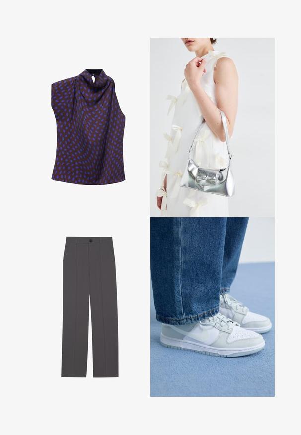 Mouwloze blouse van bruine stof met grote blauwe ovale stippen. Heeft een col nek en een asymmetrisch ontwerp met een sluiting aan de achterkant.; Grijze broek met een recht model, voorzien van twee zijzakken en een knoopsluiting. Gladde stof zonder zichtbare patronen of accenten.; Nike sneakers in wit en lichtgrijs leer met geperforeerde neus, platte veters en een rubberen zool, gedragen met blauwe denim jeans.; Zilveren metallic handtas met een gestructureerde vorm, voorzien van een bovenhandvat en een strikdetail aan de voorkant. Gladde textuur, reflecterende afwerking.