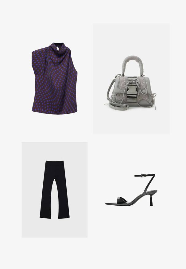 Halenka bez rukávov z hnedého materiálu s veľkými modrými oválnymi bodkami. Má voľný výstrih a asymetrický dizajn so zapínaním zozadu.; Čierne jogové nohavice s vysokým pásom, vyrobené z elastického materiálu, s rozšíreným strihom nohavíc a hladkou textúrou po celom povrchu.; Bershka Sandále na vysokom opätku - black; Sivá textúrovaná kabelka s polstrovanou rukoväťou, sieťovými akcentmi, nastaviteľným remienkom a predným uzávierom. Kompaktný dizajn s guľatým tvarom.