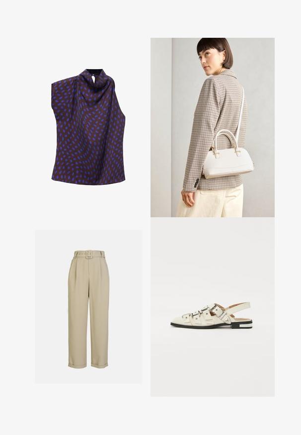 Malo brezrokavnik iz rjave tkanine z velikimi modrimi ovalnimi pikami. Ima okroglo ovratnik in asimetrično zasnovo z zadrgo na hrbtu.; Bež hlače visoke pasnice s širokim krojem, z naborki, ujemajočim pasom s pravokotno spono in manšetami.; Sandal v slogu z odprtim peto v beli usnjeni obvali z več širokimi trakovi in srebrnimi zaponkami; ravni podplat z majhno črno peto in kovinskimi detajli.; Bela strukturirana torba z kratkimi ročaji in naramnim trakom, z zlatimi okrasnimi elementi in teksturiranim materialom, prikazana na sivi podlagi.