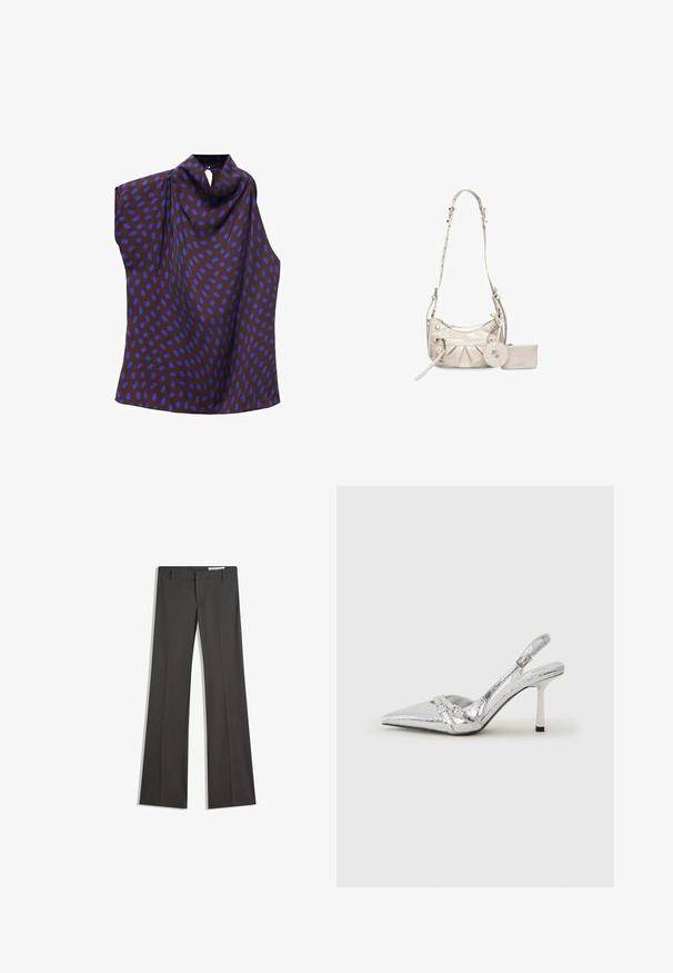 Top senza maniche in tessuto marrone con grandi pois ovali blu. Presenta un collo drappeggiato e un design asimmetrico con chiusura sul retro.; Pantaloni grigi a campana in un tessuto morbido, con vita piatta, passanti per la cintura e un design su misura con linee pulite.; Scarpe con tacco alto slingback argento con punta affusolata, finitura metallica, due cinturini decorativi e un tacco sottile con punta nera.; Borsa a mano beige chiaro con design strutturato, parte anteriore plissettata, hardware in tonalità argento, tracolla regolabile e pochette rotonda staccabile per monete.