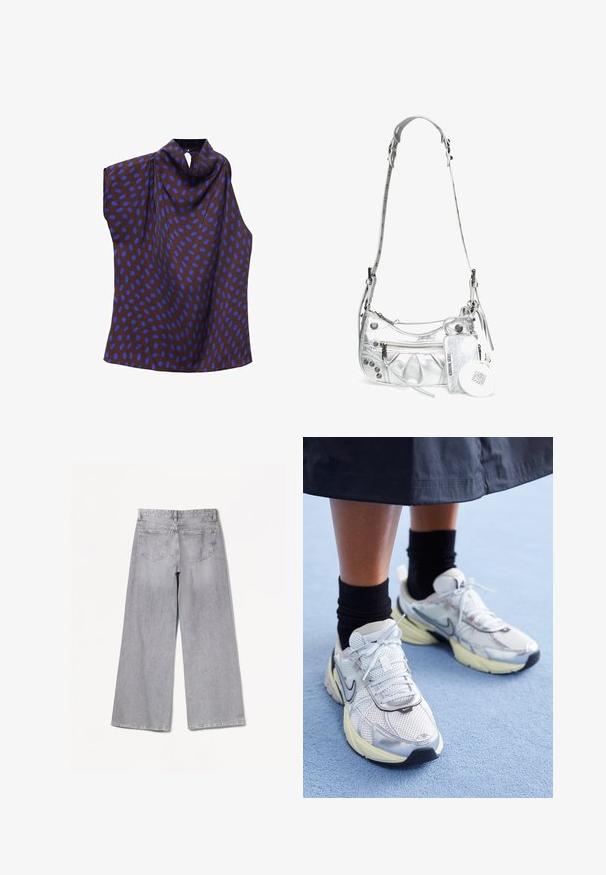 Ärmellose Bluse aus braunem Stoff mit großen blauen ovalen Polka Dots. Sie verfügt über einen Wasserfallkragen und ein asymmetrisches Design mit einem Rückenverschluss.; Bershka WIDE-LEG - Wide Leg - grey; Weiße und silberne Nike-Sneaker aus Mesh-Gewebe, mit reflektierenden Akzenten und einer beigen Sohle. Getragen mit schwarzen Socken und stehend auf einer blauen Fläche.; Silberne metallische Umhängetasche mit gewölbter Form, Reißverschlussfächern, Druckknopf-Akzenten und einem abnehmbaren Kartenhalter.