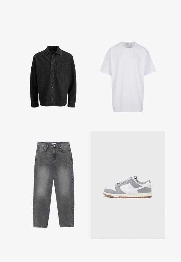 Schwarze Denimjacke mit geradem Schnitt, Knopfverschluss, spitzen Kragen und einer Brusttasche. Verfügt über einen strukturierten Stoff und sichtbare Nähte.; Weiße Baumwoll-T-Shirt mit kurzen Ärmeln, rundem Ausschnitt, lockerer Passform und ohne sichtbare Logos oder Muster. Glatte Textur und minimalistisches Design.; Hoch taillierte, locker sitzende Jeans aus verwaschenem schwarzem Denim. Verfügt über fünf Taschen, Gürtelschlaufen und ein sauberes, gerades Bein-Design.; Graue und weiße Sneaker mit einem Obermaterial aus Wildleder und Leder, abgerundeter Spitze, flachen Schnürsenkeln und einer Gummisohle mit einem Kautschukakzent.