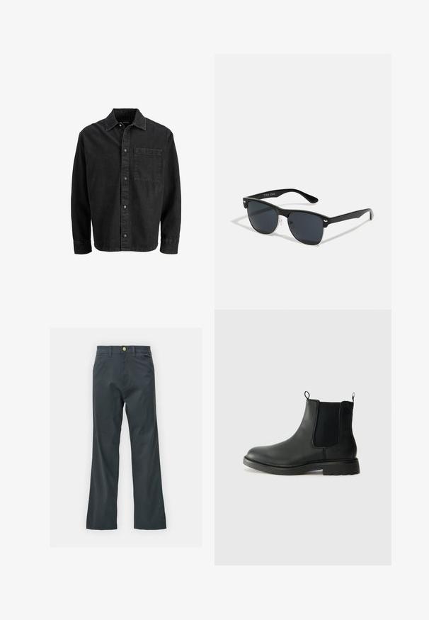 Sort denimjakke med lige pasform, knaplukning, spidse krave og en enkelt brystlomme. Har en struktureret stof og synlige syninger.; Sorte bukser med lige ben, lavet af en bomuldsblandingsstof. Har en metalknaplukning og sidelommer. Ingen synlige mønstre.; Sorte læder chelsea støvler med elastiske sidepaneler, trækflapper, rund tå og tekstureret gummisål. Glat overflade og robust design.; Sorte solbriller med rektangulær form, mørke linser, sølvdetaljer ved tindingerne og en mat finish på stellet.