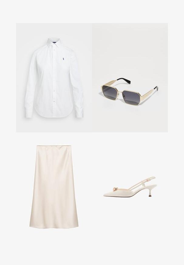 Chemise blanche à boutons avec un col pointu, des manches longues et un petit logo bleu sur la poitrine gauche. Fabriquée en tissu en coton.; Jupe midi en satin blanc cassé, coupe droite avec une taille élastique, texture lisse et sans motifs ni accents visibles.; Chaussure slingback de couleur crème avec un bout pointu, de fines brides et un accent doré sur le devant. Présente un talon bas et étroit.; Lunettes de soleil octogonales de couleur or avec des verres gris foncé. Embouts de branches en plastique noir et petites accents en métal sur la monture.; Sac à main en cuir blanc avec ferrures dorées, doté d'un rabat et d'une bandoulière amovible et réglable. Ornement métallique rond au centre.; Singularu DROP - Boucles d'oreilles - gold-coloured