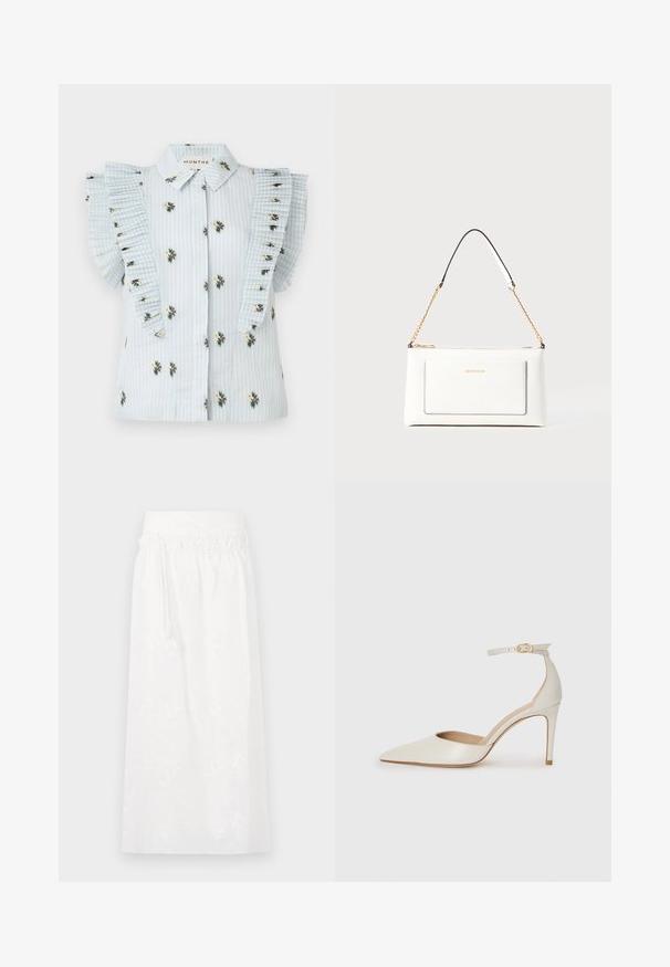 Vaaleansininen pusero, jossa on pystysuorat raidat, kukkakirjonta ja pleated-röyhelöhihet. Napitettava etuosa tavallisella kauluksella.; Valkoinen maxi-hame, jossa on joustava vyötärö, hillitty kukkakirjonta ja virtaava muotoilu. Valmistettu kevyestä kankaasta.; Valkoinen nahkainen korkokenkä, jossa on terävä kärkinen muoto, nilkkaremmi ja kapea korko. Suora pinta, jossa on hienovarainen kiiltävä viimeistely.; Valkoinen nahkalaukku tekstuuripinnalla, jossa on kultaketjuolkaimet ja mustia yksityiskohtia. Mukana etutasku ja vetoketjusulku.
