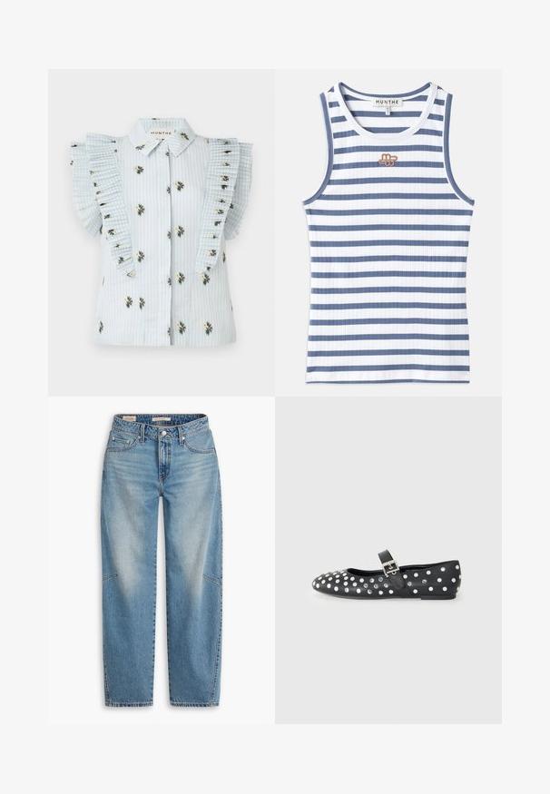 Svetlomodrá blúzka so vertikálnymi pruhmi, kvetinovou výšivkou a skladanými volánovými rukávmi. Predné zapínanie na gombíky so štandardným golierom.; Pruhovaný tielko so striedavým modro-bielym rebrovaným materiálom. Dizajn obsahuje malé hnedé logo na hrudi a modrý lem okolo výstrihu.; Svetlomodré rifle zdenimového materiálu s voľným strihom, rovnými nohavicami, zapínaním na gombíky a päťvreckovým štýlom so subtílnym blednutím a švami.; Čierne kožené ploché topánky s okrúhlou špičkou, so striebornými cvočkami v bodkovanom vzore a prackou cez priehlavok.