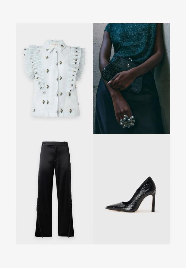 Világoskék blúz, függőleges csíkokkal, virágos hímzéssel és pliszírozott fodros ujjal. Gombos elülső rész, standard gallérral.; Fekete selyem nadrág, széles szárakkal, oldalsó varrásain frufru részletekkel és lapos elülső derékrészes. Egyszerű hátul zsebek nélkül.; Fekete hegyes orrú magassarkú cipő krokodilbőr textúrával, letisztult dizájnnal, magas tűsarkú és sima fekete belső résszel.; Fekete krokodilbőr mintázatú válltáska ezüst hardware-rel, egy texturált szürke háttér előtt tartva. Fényes felülettel rendelkezik.