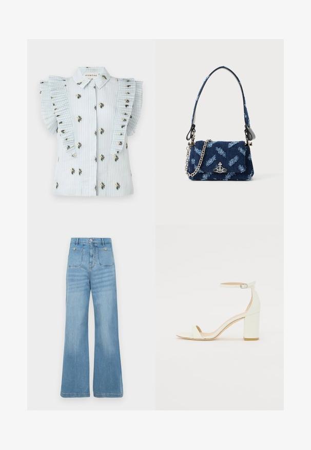 Svijetloplava bluzica s vertikalnim prugama, cvjetnim vezom i nabranim rukavima. Prednja strana s gumbima i standardni ovratnik.; Svijetloplave traperice širokih nogavica, s dva prednja i dva stražnja džepa, završene s nerazrezanim rubom i zatvaranjem na gumb.; Bijela kožna sandala na blok petu s remenom oko zapešća i minimalističkim dizajnom. Otvoreni nos i glatke teksture kroz cijelu obuću.; Torbica od tamnoplave tkanine s teksturiranim dizajnom, srebrnim detaljima i odvojivim lančanim remenom. Ima preklopno zatvaranje i naglasak s logotipom.