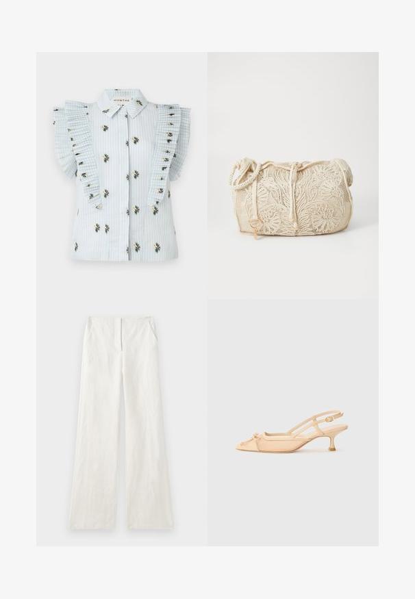 Světle modrá blůzka s vertikálními pruhy, květinovou výšivkou a skládacími rukávy s volánky. Zapínání na knoflíky vpředu s klasickým límcem.; Široké lněné kalhoty v krémové barvě, s hladkým povrchem, předními sklady a bočními kapsami. Jednoduchý, nezdobený design.; Stuart Weitzman KITTY - Klasické lodičky - beige/barely beige; Krémová pletená kabelka s květinovými vzory, se šňůrkovým uzávěrem a pleteným ramenním popruhem na bílém pozadí.