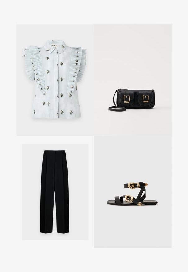 Svijetloplava bluzica s vertikalnim prugama, cvjetnim vezom i nabranim rukavima. Prednja strana s gumbima i standardni ovratnik.; Crne široke hlače s visokim strukom, s naborima i glatkom teksturom. Tkanina izgleda lagano i elegantno pada.; Crne kožne sandale s zlatnim kopčama, s više trakica i ravnim đonom za nošenje s otvorenim prstima.; Crna kožna torba preko ramena s dva prednja džepa, zlatnim kopčama, zatvaranjem na zip i uskim remenom. Teksturirana površina i kompaktan pravokutan oblik.