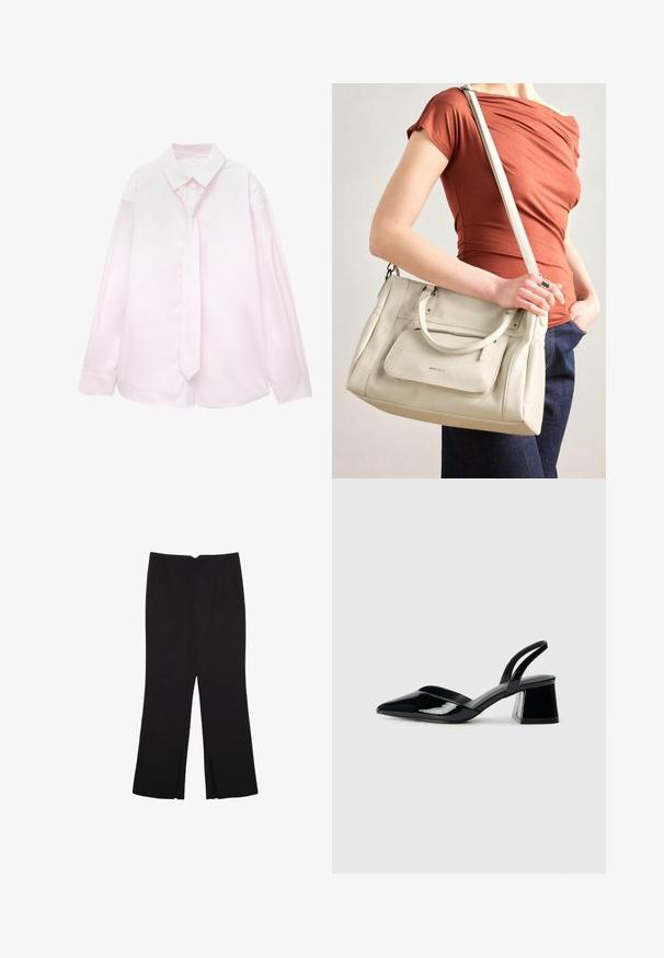 Vaaleanpunainen pitkähihainen paita, jossa on valkoisia pystyraitoja ja siihen sopiva solmio. Sileä pinta, napillinen kaulus ja hihansuissa napit.; Mustat housut suoralinjaisella leikkauksella, joissa on etutaskut ja sivurei'ät helman alla. Valmistettu pehmeästä ja sileästä kankaasta. Sopii eri tilaisuuksiin.; Mustat patentoitu nahkakengät, joissa on säären takaosa ja terävä kärki, sekä geometrinen palikkakorko. Sisältää tyylikkään, minimalistisen muotoilun ja sileän pinnan.; Valkoinen nahkainen käsilaukku, jossa on kaksinkertaiset kahvat ja irrotettava hihna. Edessä on vetoketjullinen tasku ja pinta on sileä. Laukkua kantaa henkilö kyynärvarressaan.
