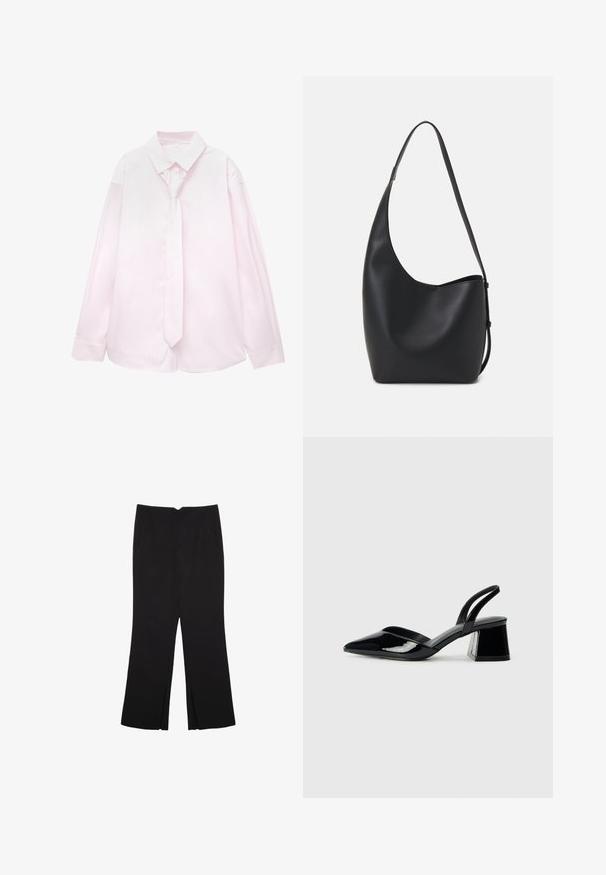 Chemise rose pâle à manches longues avec des rayures verticales blanches et une cravate assortie. Texture lisse, col boutonné et manches à pois.; Pantalon noir avec une coupe droite, doté de poches avant et d'éclairs sur l'ourlet. Fabriqué en tissu doux et lisse. Convient à diverses occasions.; Escarpins en cuir verni noir avec bout pointu et talon bloc géométrique. Présente un design élégant et minimaliste ainsi qu'une texture lisse.; Sac hobo en cuir noir avec une texture lisse, une forme incurvée et une seule sangle réglable ; dispose d'une large ouverture en haut.