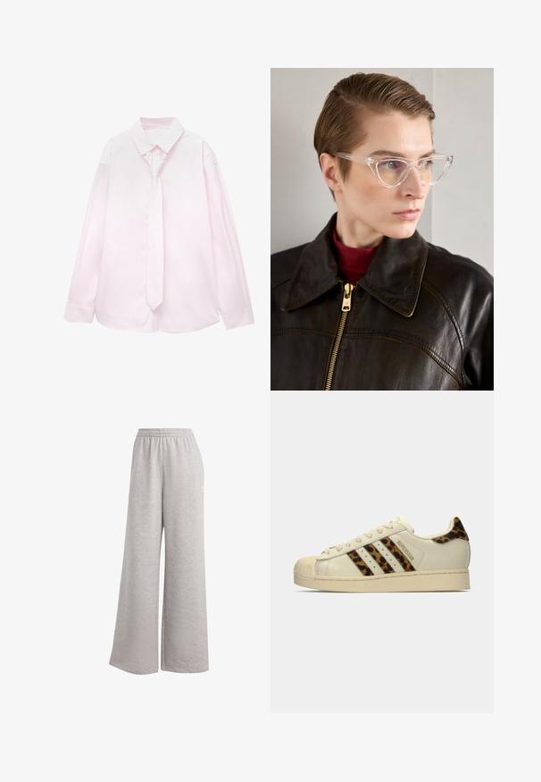 Lys pink langærmet skjorte med hvide lodrette striber og et matchende slips. Glat tekstur, knap- ned krave og manchetter.; Lys grå sweatsbukser med en løs pasform, elastisk talje og blød tekstur. Har subtil branding på den ene side. Casual design.; Off-white Adidas Superstar sneakers med leopardmønstrede striber og hælplet, beige gummi-fodtås og "SUPERSTAR" tekst på siden.; Klare acetat katteøje-briller med gule tonede linser, båret af en person i en mørk læderjakke og rød turtleneck. Glat tekstur.; Brun vegansk læder taske med to håndtag, aftagelig skulderrem, sort kontrastsyning og et lille sort logo på forsiden.