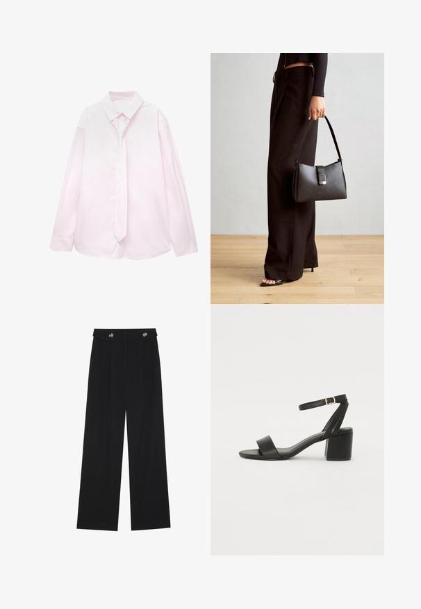 Lys pink langærmet skjorte med hvide lodrette striber og et matchende slips. Glat tekstur, knap- ned krave og manchetter.; Sorte vide bukser med høj talje, knapdetaljer på taljebåndet og frontfald.; Sort hæl sandal med en glat læderoverdel, åben tå, brede frontstropper og justerbar ankelrem med detaljer i guldfarve.; Sort håndtaske med struktureret form, glat overflade og metalspænde. Sammen med brede sorte bukser og sandaler med åben tå på trægulv.