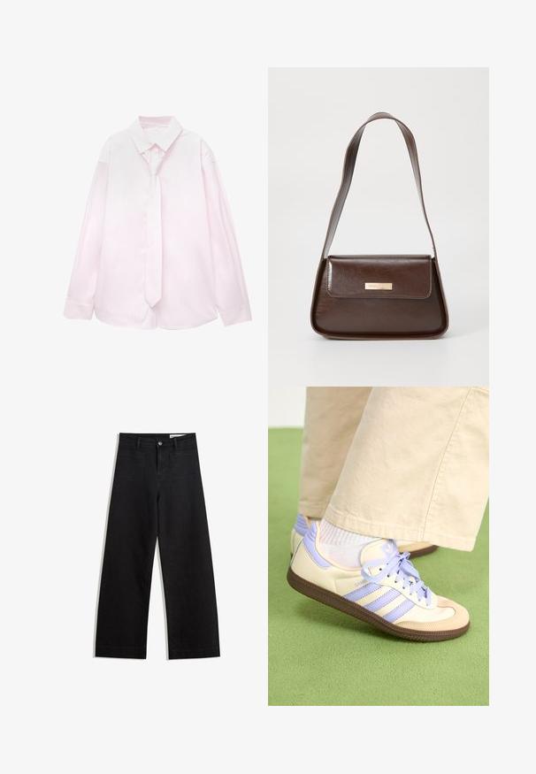 Vaaleanpunainen pitkähihainen paita, jossa on valkoisia pystyraitoja ja siihen sopiva solmio. Sileä pinta, napillinen kaulus ja hihansuissa napit.; Mustat leveät farkut korkealla vyötäröllä, joissa on etu- ja takataskut, ommellut saumat ja nappisuljenta. Silkinoinen rakenne.; Kermasilta ja laventelilta näyttävät lenkkarit kolmella raidalla ja teksturoidulla ruskealla pohjalla, varustettuna nauhoilla ja pehmustetulla kantapäällä. Pehmeä kangaspinta.; Ruskea nahkainen olkalaukku, jossa on rakenteellinen muotoilu, ja jossa on magneettinen läppäkiinnitys sekä metallinen logo korostus edessä.