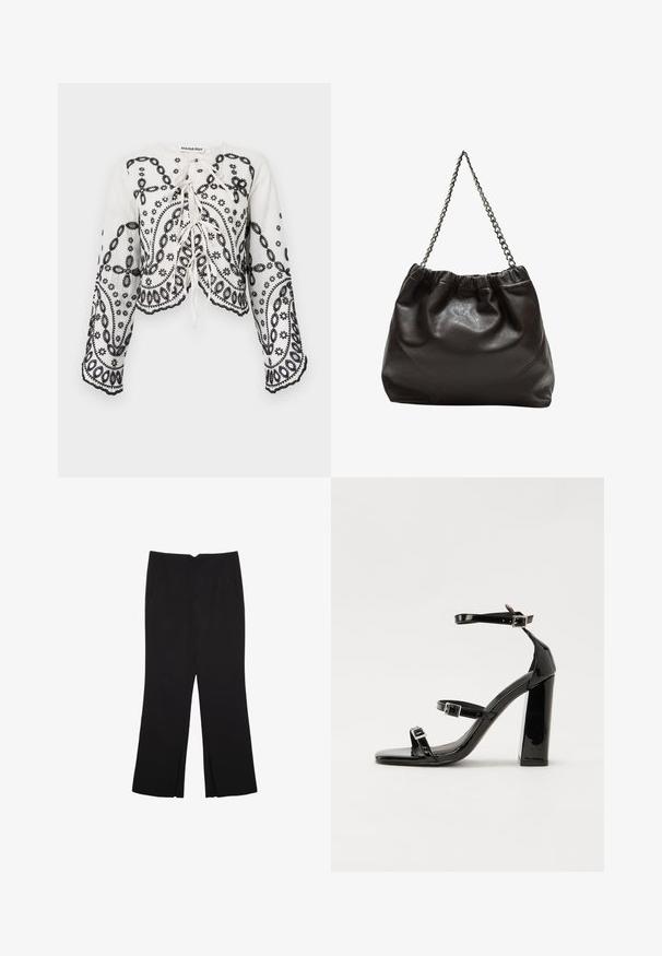 Bílý zkrácený top s černými vyšívanými květinovými a paisley vzory. Má kulatý výstřih a volné dlouhé rukávy se scalloped okraji.; Černé kalhoty s rovným střihem, s předními kapsami a bočními rozparky na lemu. Vyrobené z jemné, hladké tkaniny. Vhodné na různé příležitosti.; Černé lakované sandály na podpatku se čtveratou špičkou, lýtkovými pásky a stříbrnými přezkami. Disponují masivním blokovým podpatkem pro stabilitu.; Hnědá kožená taška se sbíraným vrškem a řetízkovým popruhem. Hladký povrch s lesklým finišem a jemným švem na bocích.