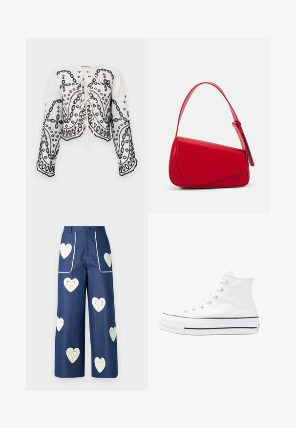 Hvid cropped top med sorte broderede blomster- og paisleymønstre. Har en rund halsudskæring og flydende lange ærmer med bølgede kanter.; Sister Jane HEART TO HEART - Jeans Straight Leg - blue denim; Hvide høje kanvas sneakers med sort gummisål, gummitåhætte foran og seks øjehuller til snørebånd, der har et rent, minimalistisk design.; Rød læderhåndtaske med et kantet, geometrisk design. Har en enkelt justerbar rem og en klaplukning med syede detaljer.