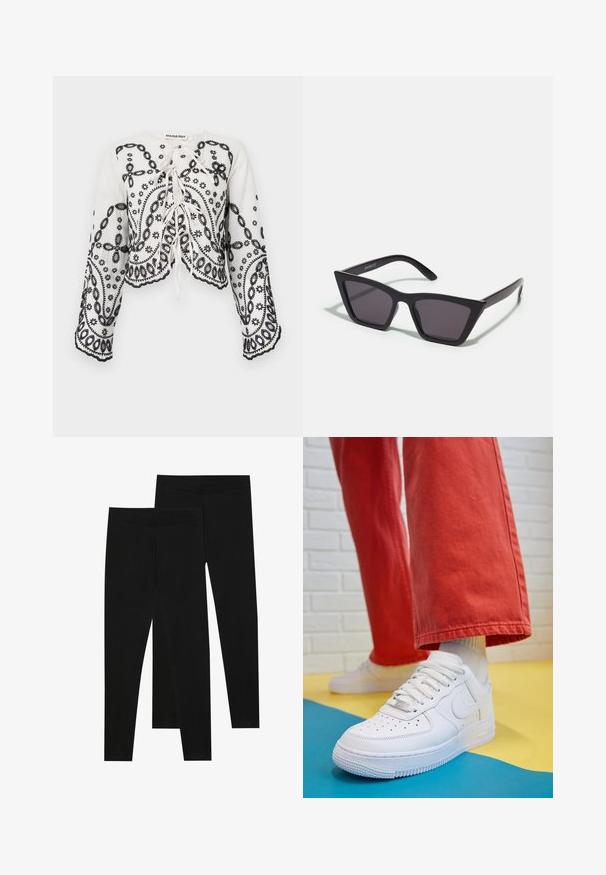 White cropped top with black embroidered floral and paisley patterns. Features a rounded neckline and flowing long sleeves with scalloped edges.; Black leggings made of stretchy fabric, featuring a seamless waistband and a slim fit design, suitable for casual wear or exercise.; White leather sneaker with perforated toe box, textured sole, and white laces, paired with wide red pants and a blue and yellow background.; Black, angular sunglasses with gray lenses; made of plastic, featuring thick arms with a smooth surface and no visible hardware.