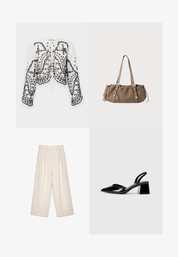 Valge lühikesed varrukad topp mustade tikanditega lille- ja paisleimustriga. Omab ümarat kaelust ja voogavaid pikki varrukaid, millel on lainelised ääred.; Beežid lai jalad, millel on volangud, sujuva tekstuuriga ja vöökohad. Kohandatud lõige, pakkudes jalgade ümber lõdva istuvuse.; Mustad musta lakknahk kingad, millel on terav varvas ja geomeetriline plokkkonts. Omab elegantselt minimalistlikku disaini ja sujuvat tekstuuri.; Pruun nubukist käekott, mille ülemine osa on voltitud, hõbedased metallist detailid ja kaks õlarihma. Omab ristkülikukujulist vormi ja minimaalset disaini.