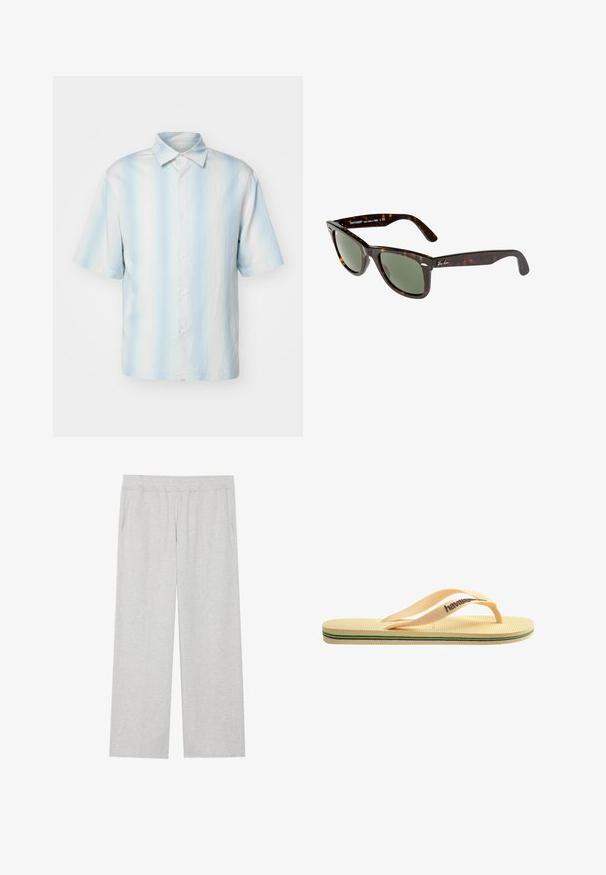 sandro Ing - bleu; Fekete, rövid ujjú, kerek nyakú póló, pamutból készült. Simára szőtt textúrájú, egyenes szabású, egyszerű dizájnnal, látható minták vagy kiemelések nélkül.; Világosszürke, bőszárú melegítőnadrág, puha anyagból készült. Rugalmas derékpánttal és oldalsó zsebekkel rendelkezik. Simább textúrájú, letisztult design.; Sárga gumipapucs texturált talprésszel, vékony pántokkal és színes csíkokkal a talpon. Márka logó a pánton.; Wayfarer napszemüveg sötét teknősbéka műanyag kerettel, zöld lencsékkel, és ezüst Ray-Ban logóval a szárán.