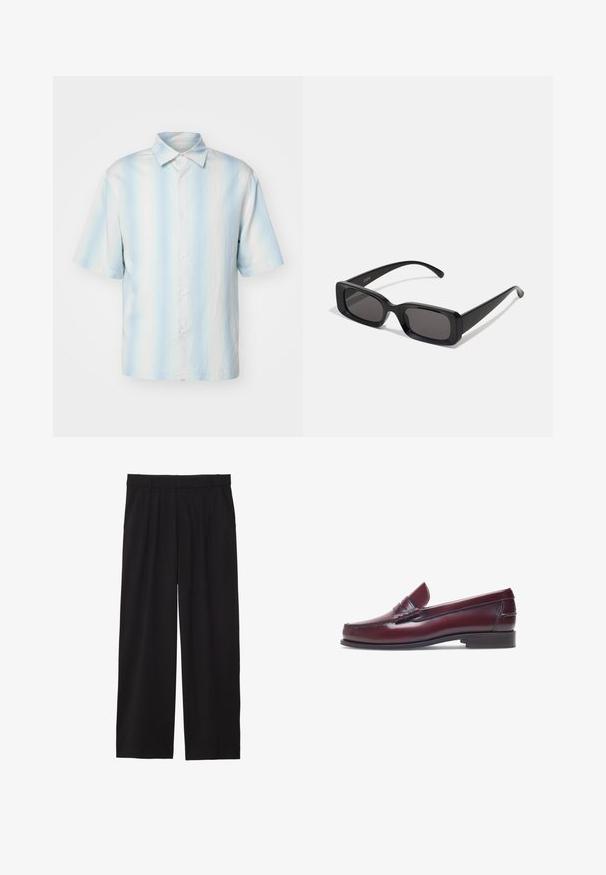 sandro Camicia - bleu; Pantaloni neri a gamba larga con frontale plissettato, tasche laterali e una texture di tessuto liscia. Progettati per un fit comodo.; Mocassino in pelle bordeaux con punta tonda, dettagli cuciti e un piccolo accentu decorativo sulla tomaia. Suola piatta in contrasto.; Occhiali da sole neri rettangolari con lenti scure, finitura lucida, aste larghe e design della montatura spessa. Nome del marchio inciso su un'asta.