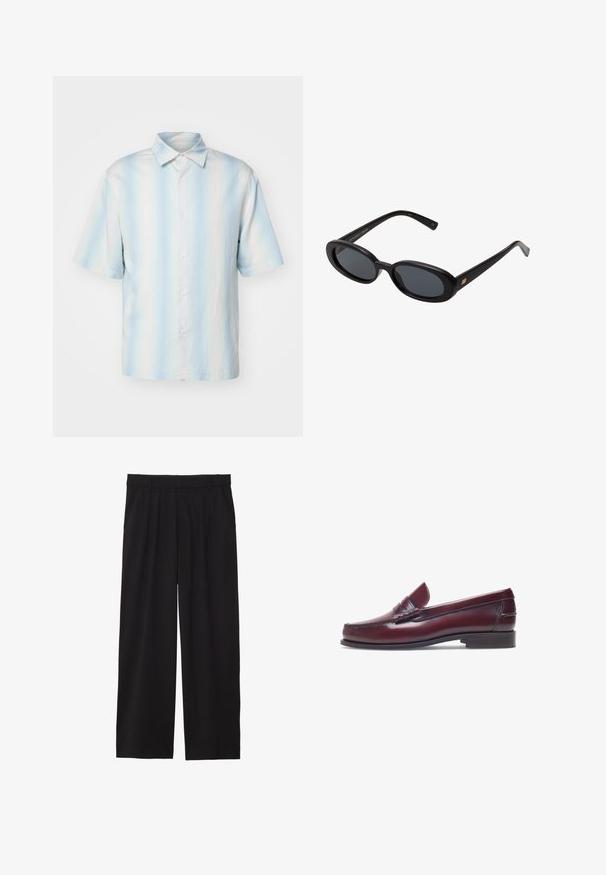 sandro Camicia - bleu; Pantaloni neri a gamba larga con frontale plissettato, tasche laterali e una texture di tessuto liscia. Progettati per un fit comodo.; Mocassino in pelle bordeaux con punta tonda, dettagli cuciti e un piccolo accentu decorativo sulla tomaia. Suola piatta in contrasto.; Occhiali da sole neri oversize con lenti ovali, montatura in plastica liscia e accenti dorati sulle tempie. Le lenti scure offrono protezione dal sole.