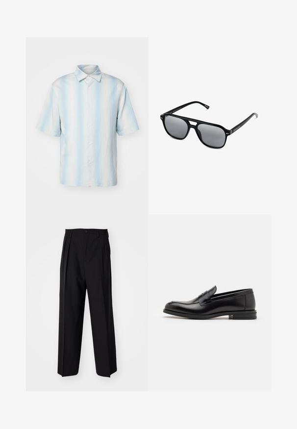 sandro Camisa - bleu; Pantalones negros plisados con un diseño recto y de pierna ancha. Fabricados en una tela suave, presentan un cierre de botón y trabillas para el cinturón.; Mocasines de cuero negro con una textura suave, puntera redondeada y una tira decorativa en el empeine. Tacón bajo apilado, diseño minimalista.; Gafas de sol negras con montura rectangular, lentes ahumados grises y diseño con corte en el puente. Material plástico brillante y elegante, con varillas estrechas.