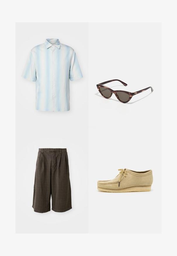 sandro Cămașă - bleu; Șorturi maro cu dungi, cu o croială lejeră. Confeționate dintr-un material ușor, având pliuri și un tiv răsfrânt pentru un plus de detaliu.; Shoe din suede bej cu un design cu șireturi, detalii cusute și talpă din cauciuc. Forma este casual, cu un ușor toc în wedge.; Ochelari de soare tip cat-eye cu lentile întunecate și un model de broască țestoasă. Fabricate din plastic ușor, având temple subțiri și detalii cu logo.