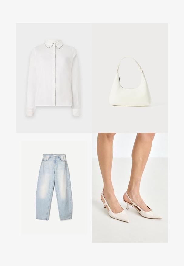 Fehér hosszúujjú ing, hegyes gallérral és kontrasztos díszítéssel a széleken, gombos elülső rész. Egyszerű és elegáns kialakítás.; Világoskék csipkés ujjatlan felső vékony pántokkal, fodros csipke díszítéssel és virágmintával, amely a body-hugging sziluettet hangsúlyozza.; Világoskék farmernadrág, laza szabással, elhasználódott hatással, két elülső zsebbel és gombos zárással a derékrészen.; Beige patent bőr slingback magassarkúk hegyes orral és 5 cm-es sarokkal, kivágott oldalakkal és vékony bokapánttal.; Kicsi fehér válltáska egyetlen állítható pánttal és cipzárral, egy sima fehér háttér előtt.