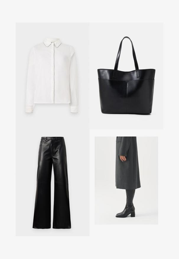 White long-sleeve shirt with a pointed collar and contrasting trim along the edges, buttoned down the front. Simple and elegant design.; Black high-waist wide-leg faux leather pants with front button, zip closure, belt loops, and side pockets on white background.; Gray, tailored overcoat with a straight cut; paired with knee-high black leather boots featuring a square toe and chunky heel.; Black leather tote bag with two long handles, a smooth texture, and a structured shape. Features a front pocket for additional storage.