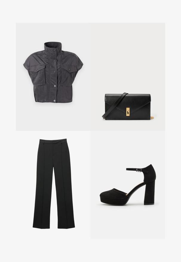 Kratka siva jakna s visokim ovratnikom, kratkim rukavima, kopčanjem na gumb i s dva džepa na prsima. Napravljena je od naborane, teksturirane tkanine.; Crne široke hlače visokog struka s petljama za remen i prednjim šavom, prikazane na bijeloj pozadini.; Crne suede platform cipele s debljim blok petom, zaobljenim vrhom i trakama za gležnjeve učvršćenim metalnom kopčom. Cijela površina je glatka.; Crna kožna novčanica s preklopom, zlatnim hardverom i akcentom s logom. Uključuje odvojivi remen za nošenje.