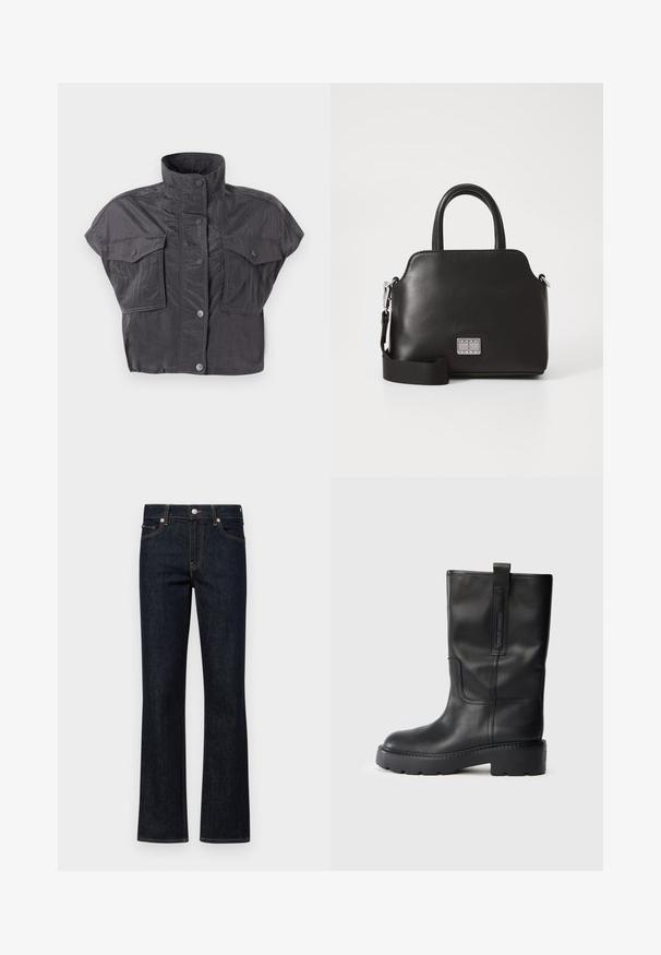 Trumpas pilkas apkarpytas švarkas su aukštu apykakle, trumpomis rankovėmis, mygtukų uždarymu ir dviem krūtinės kišenėmis. Pagamintas iš susiraukšlėjusio, tekstūrinio audinio.; Tamsiai mėlynos plačios džinsinės kelnės, pagamintos iš denimo, su vidutinio aukščio liemeniu, penkių kišenių dizainu ir kontrastingomis oranžinėmis siūlėmis.; Juodos odinės kelio ilgio bootai su elegantišku dizainu, turintys storą padas ir šoninius traukimo antkaklius patogiam užsitempimui. Išskirtiniai siuvimo akcentai.; Juodas sintetinės medžiagos rankinės su viršutinėmis rankenomis, nuimamu peties diržu, apvalia forma, lygia tekstūra ir sidabriniu logotipo akcentu priekyje.