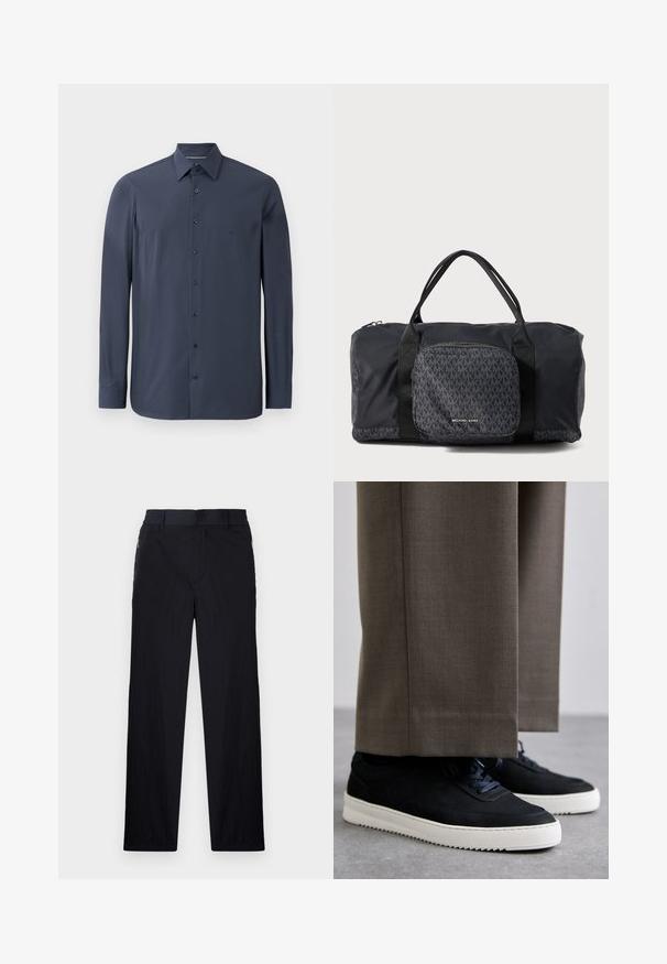 Navy modrá košeľa s dlhým rukávom vyrobená z hladkej tkaniny, s golierom s gombíkmi a čiernymi gombíkmi po celej prednej strane. Jemné detaily textúry sú viditeľné.; Čierne nohavice z ľahkého textúrovaného materiálu, s priamym strihom, elastickým pásom a bočnými zipsovými vreckami.; Čierne semišové tenisky s bielymi gumovými podrážkami, s okrúhlym prstom a šnúrkami, nosené s šedými vypracovanými nohavicami.; Čierna taška cez rameno Michael Kors s dvojitými rúčkami, predným zipsovým vreckom so vzorom opakovaného loga MK a značkovým označením Michael Kors.