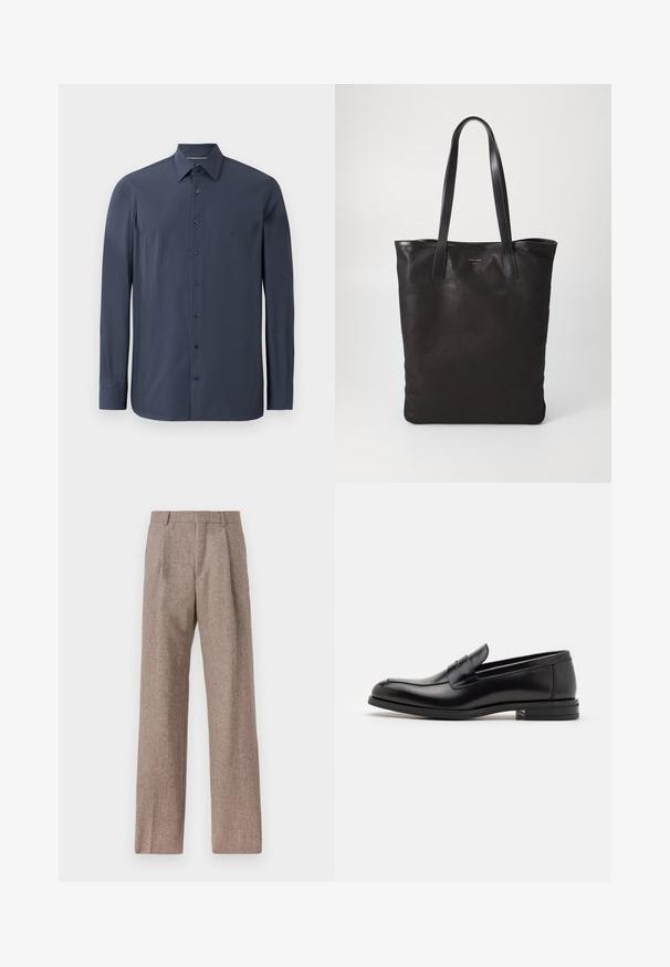 Tume sinine pikakätine särk, mis on valmistatud siledast kangast, millel on nööpidega krae ja mustad nööbid esiosas. Õrn tekstuur on nähtav.; Prunnid, kõrge vöökohaga püksid, mis on valmistatud tekstureeritud kangast. Omavad laiu jalgu ja kahte eesmist voldikut struktuuri jaoks. Korralik viimistlus, ilma nähtava riistvarata.; Mustad mustad nahast loafers sileda tekstuuriga, ümarat ninaosa ja dekoratiivne riba vampi üle. Madal kihiline konts, minimalistlik disain.; Mustmust kott mustade nahkade käepidemetega. Lihtne disain, avar keha ja sile tekstuur. Pole nähtavaid logosid ega mustreid.