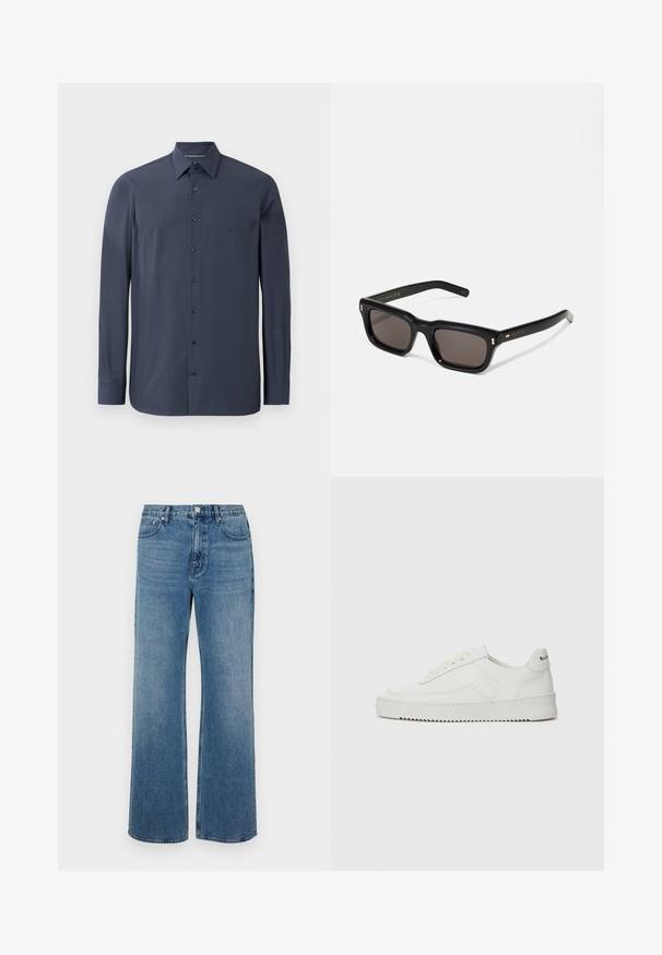 Camicia a maniche lunghe di colore blu navy realizzata in tessuto liscio, con colletto a scialle e bottoni neri lungo la parte anteriore. Dettagli di trama sottili visibili.; Jeans a gamba larga blu in denim con una finitura sbiadita. Presentano cinque tasche, una chiusura con bottone frontale e una vestibilità dritta.; Sneaker in pelle bianca con una finitura liscia, punta rotonda, lacci piatti e suola testurizzata. Presenta un logo discreto sul tallone.; Occhiali da sole neri rettangolari con lenti scure, montatura spessa in plastica, dettagli dorati sulle tempie e logo del marchio inciso sull'asta.