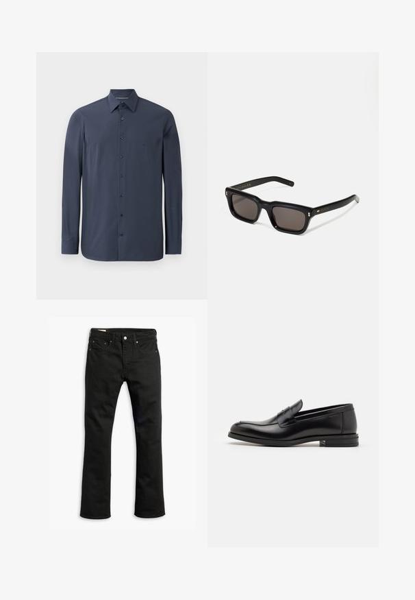 Ilgas rankovėmis tamsiai mėlynas marškinis, pagamintas iš glotnios medžiagos, su mygtukų apykakle ir juodais mygtukais priekyje. Matomas subtilus tekstūros detalizavimas.; Juodos džinsinės kelnės su tiesiu kirpimu, penkiomis kišenėmis, metaliniu užsegimu ir subtiliomis siuvimo detalėmis. Lygus paviršius ir vientisa spalva.; Juodos odinės loafers, turinčios lygų paviršių, apvalią noselę ir dekoratyvinę juostą per priekinę dalį. Žemas krentantis kulnas, minimalistinis dizainas.; Juodos stačiakampės akinių nuo saulės su tamsiais objektyvais, storu plastiko rėmu, auksinėmis detalėmis ant šventyklų ir prekės ženklo logotipu išgraviruotu ant šono.