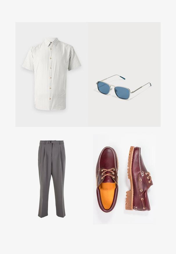 Rövid ujjú ing világos zöld és fehér csíkokkal, gombos gallérral és fából készült gombokkal az elején. Puha, lélegző anyag.; Sima anyagból készült szürke pliszírozott nadrág, egyenes szabással, egygombos záródással és övhurkokkal. Minimalista dizájn.; Bordó bőr cipő barna gumitalppal, kerek orral, fehér varrással és arany fűzőlyukakkal. A belső tér sárga béléssel rendelkezik.; Ezüst fém keretes napszemüveg, téglalap alakú kék lencsékkel és vékony karokkal. A templomhegyeken kék részletek találhatók.