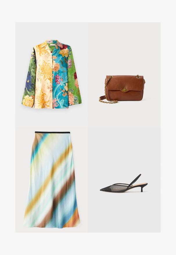 Multikleurige bloeshemdjasje met lange mouwen, met een mix van gele, groene, blauwe en paarse tinten. De stof heeft een gladde textuur en glans.; Midi-rok van lichte, vloeiende stof. Heeft een gradientpatroon met diagonale strepen in blauw, bruin en crème. Zwarte tailleband.; NEOUS IRENA - Klassieke pumps - black; Bruin leren schoudertas met een klepje, gouden hardware en een kettingband. Gladde textuur, rechthoekige vorm, minimale details.