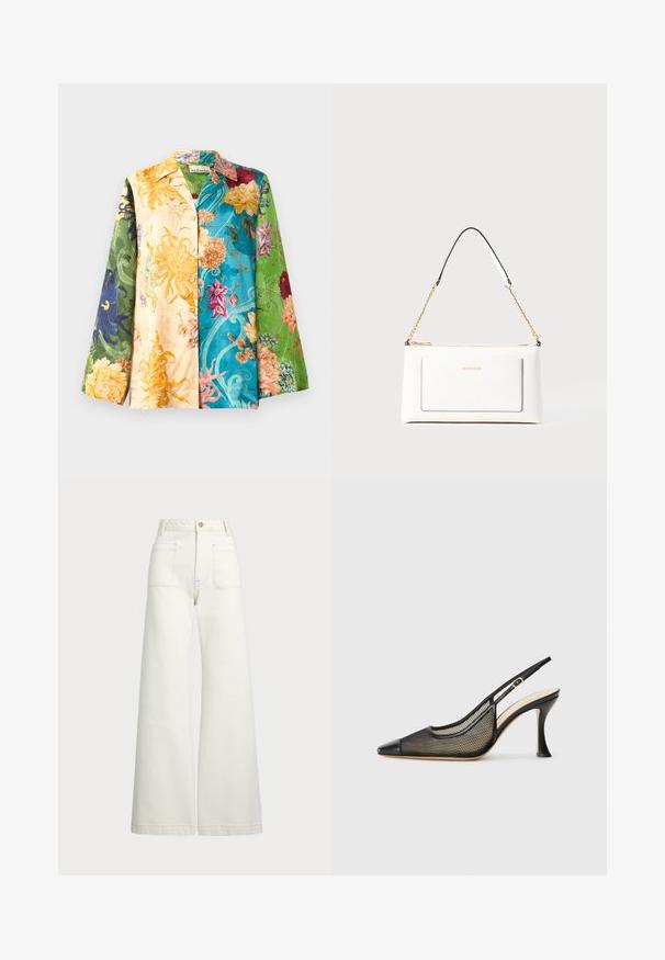 Daugiavirus gėlių modelio džinsinė striukė su ilgomis rankovėmis, kuri turi geltonos, žalios, mėlynos ir violetinės spalvų mišinio. Audinys yra lygus ir blizgus.; Plati kojinės džinsai of white denimo. Aukštas liemuo, su mygtuko uždarymu, dviem priekinėmis kišenėmis ir kontrastingai siuvinėjimu.; Juodas nėriniuotas aukštakulnis batelis su smailiu kojų pirštu, tinkliniais akcentais ir lygiai odiniu viršumi. Spalvos: juoda ir kreminės akcentai.; Balta odinė rankinė su tekstūruotu paviršiumi, turinti auksinį grandinėlės dirželį ir juodas detales. Įskaičiuota priekinė kišenė ir užtrauktuko uždarymas.