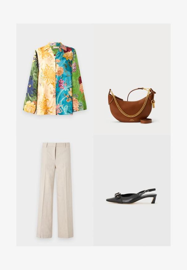 Daudzkrāsains ziedu krekls ar garām piedurknēm, kas satur dzeltenās, zaļās, zilās un violetās krāsas. Audumam ir gluda struktūra un spīdums.; Gaišbeige platās kājstarpes bikses no viegla auduma, ar gludu faktūru un tīrām priekšējām krokojumām. Jostasvieta ir šūta ar jostu cilpām.; Melnas ādas siksnu kurpes ar smailu pirkstu, nelielu papēdi un dekoratīvu sprādzi augšdaļā. Gluda tekstūra, minimālistisks dizains.; Brūns ādas rokassomu ar izliekta dizaina, zelta ķēdes siksnu, iekšējo kabatu un noņemamu plecu siksnu. Ievērojama kontrastējoša šuvuma detaļa.