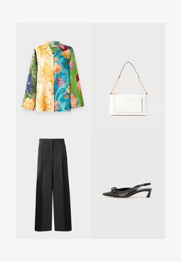Mitmevärviline lilleline särk-jakk pika varrukaga, mis sisaldab kollase, rohelise, sinise ja lilla toone. Kanga pind on sile ja läikiv.; Mustad laiad püksid kõrge vöökohaga, millel on ees voldid, sile tekstuur ja õmmeldud viimistlus. Kujundatud lõdva istuvuse saavutamiseks.; Must must nahk slingback kingad terava varbaga, väikese kontsaga ja dekoratiivse pandlaga ülaosas. Sile tekstuur, minimalistlik disain.; Valge nahast kott tekstureeritud viimistlusega, millel on kuldne kettling ja mustad aktsendid. Include eesmine tasku ja tõmblukk.