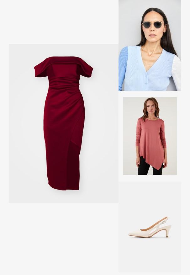 Rózsaszín, hosszú ujjú póló aszimmetrikus szegéllyel, puha anyagból és kerek nyakkivágással, fekete nadrággal párosítva. Nincsenek látható minták vagy díszítések.; Leboltozott vállú, bordó ruha, gyűrűs textúrával, testhez simuló sziluettel és oldalsó hasítékkal, sima, rugalmas anyagból készült.; Fehér slingback sarok, hegyes orral, sima felső anyaggal, alacsony blokk sarkával és oldalsó kivágott dizájnnal, állítható csatpánttal.; Kerek napszemüveg sötét lencsékkel és arany kerettel. A modellen világoskék, bordázott kardigán van gombokkal és kontrasztos fehér ujjaival.; Michael Kors bézs bevonatos vászon karkötő, amely ismétlődő MK logó mintával, aranyszínű fémrészletekkel és levehető lánchordóval rendelkezik.