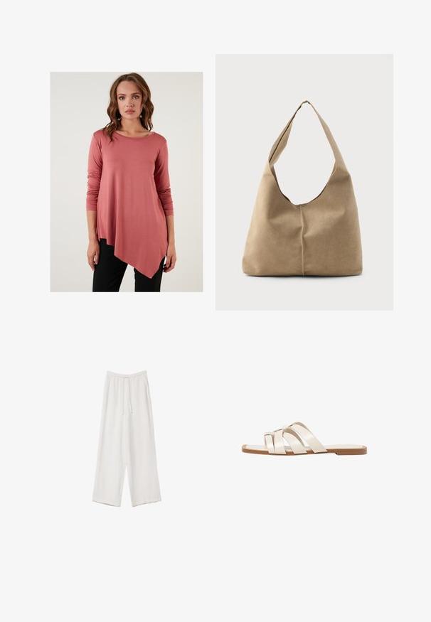 Rosenpinkes Langarmshirt mit asymmetrischem Saum, weichem Stoff und Rundhalsausschnitt, kombiniert mit schwarzen Hosen. Keine sichtbaren Muster oder Akzente.; Weiße weit geschnittene Hose aus leichtem Stoff. Mit einem elastischen Bund und Kordelzug sowie Seitentaschen. Glatte Textur.; Flache Sandalen mit einer honigfarbenen Gummisohle, gestaltet mit drei überlappenden weißen Lederriemen und einem kleinen Schleifendetail in der Mitte.; Hobo-Tasche aus weichem beigen Wildleder mit einer lässigen Form, breitem Schulterriemen und einer handgestickten Nahtdetail entlang der Vorderseite.